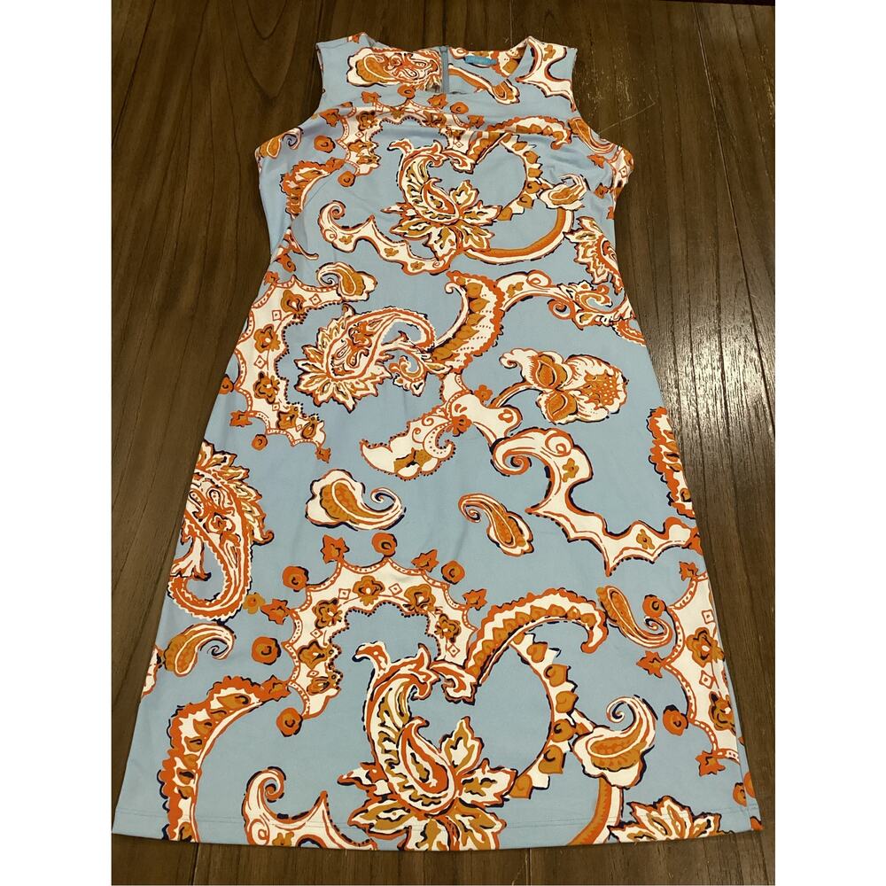 J. McLaughlin sleeveless mini dress sky blue orange paisley Catalina cloth print